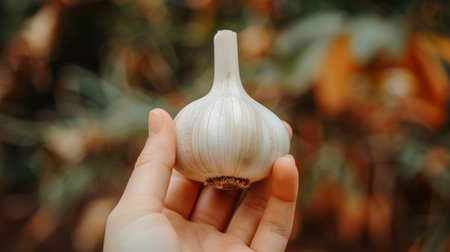 Hand holding garlic bulb with selection on blurred background, copy space availableの素材