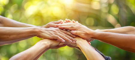 Diverse hands connecting  teamwork, empathy, partnership, and social connection in businessの素材