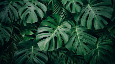 Exotic tropical forest  lush palm leaves and trees in wild jungle   panoramic nature wallpaperの素材