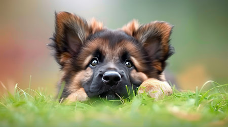 Alert german shepherd puppy, a loyal guardian standing watch in a vast open fieldの素材