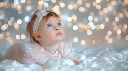 Charming baby girl peacefully lying on cozy white bed against soft focus backgroundの素材