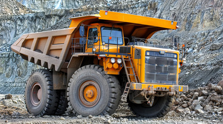 Big yellow anthracite mining truck operating in open pit coal mine industry for extractionの素材