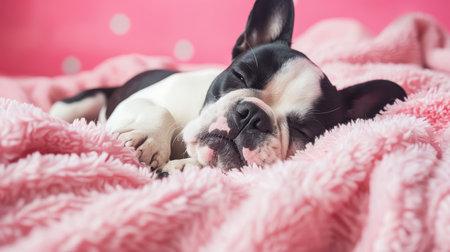 Stylish french bulldog puppy lounging in a cozy bed, a fashionable and charming companionの素材