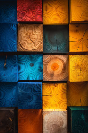 Vibrant mosaic wood veneer tiles in abstract colorful background with textured scalesの素材