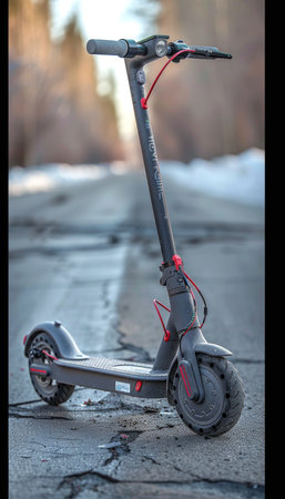 Close up view of a broken electric scooter on the road, highlighting the aftermath of a crashの素材