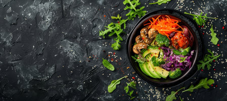 Wholesome vegan lunch bowl with avocado, mushrooms, broccoli, and spinach for a nutritious mealの素材