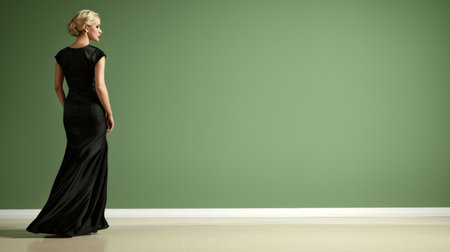 Stylish woman in evening dress studio shot with ample text space for advertising placementの素材