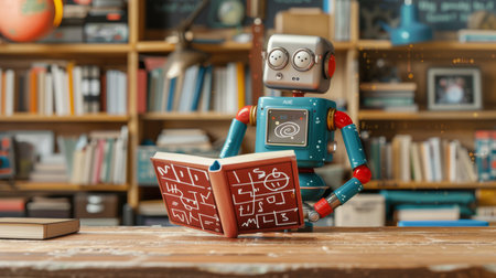 Humanoid ai robot with book surrounded by holographic math formulas on blurred backgroundの素材