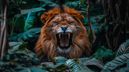 Majestic lion s powerful roar echoing through the vast and untamed savannah wildernessの素材