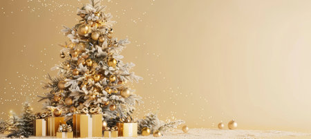 Elegant christmas tree with golden baubles and presents on floor in festive beige holiday backgroundの素材