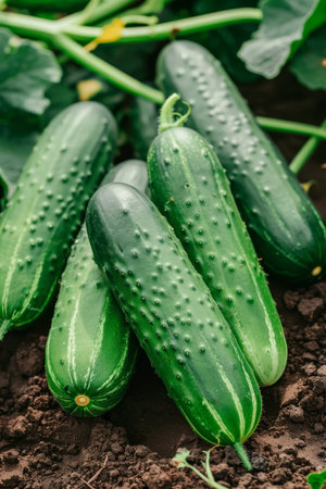 Organically grown ripe cucumbers thriving in a controlled greenhouse environmentの素材