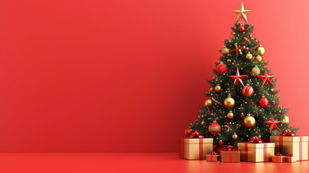 Elegant christmas tree decorated with golden baubles and gifts on a festive red backgroundの素材