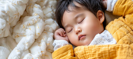 Tranquil caucasian newborn baby peacefully sleeping in a cozy and inviting white bedの素材