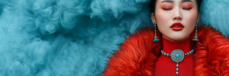 Elegant asian woman in fur and jewels relaxing on blurred background with copy spaceの素材