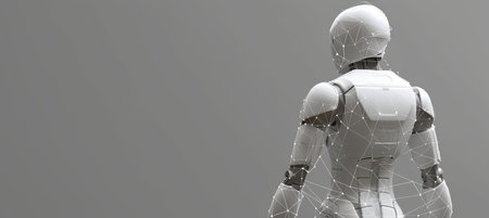Futuristic white robot in 3d with floating digital network connections and text spaceの素材
