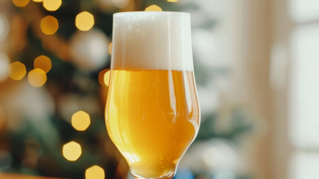 Detailed closeup of frothy beer glass highlighting warm bokeh lights in the backgroundの素材