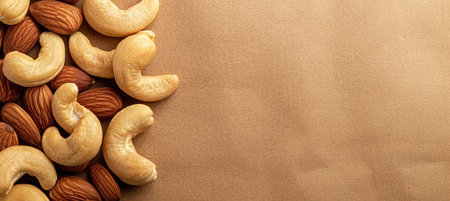 Assorted nuts on neutral background with ample space for customized text placementの素材