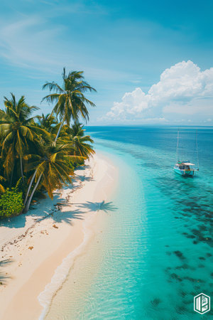 Tranquil maldives island beach aerial view of luxury resort and palm trees on white sandの素材