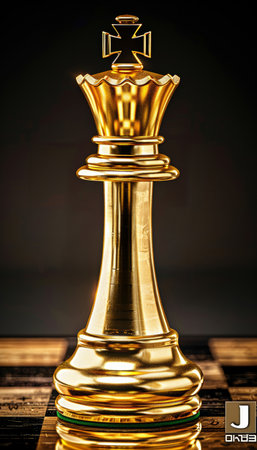 Golden king chess piece symbolizing success and leadership on a strategic chessboardの素材