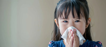Close up of sick young girl blowing nose into tissue with space for text placementの素材