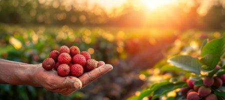 Fresh lychee selection  hand holding lychee on blurred background with copy spaceの素材