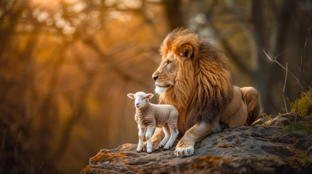 Lion and lamb peacefully coexisting, displaying unity and harmony in the natural worldの素材