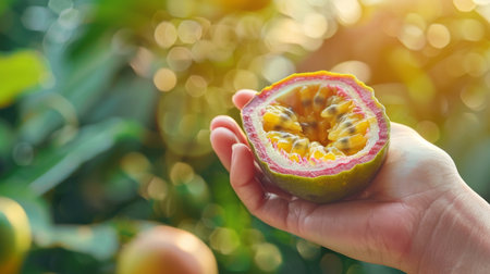 Passion fruit selection  hand holding ripe passion fruit on blurred background with copy spaceの素材