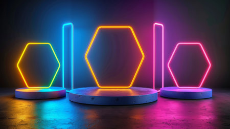 Dynamic neon hexagons pattern on dark backdrop, perfect for modern graphic design projects.の素材