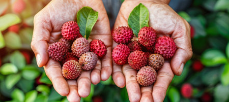 Fresh lychee in hand with selection on blurred background, ideal for text placementの素材