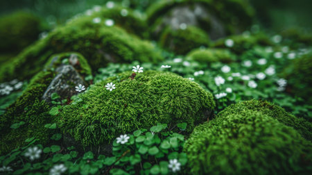 Tranquil spring forest  moss covered rocks, blooming flowers, ideal for text placementの素材