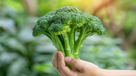 Hand holding fresh broccoli floret on blurred background with space for text placementの素材