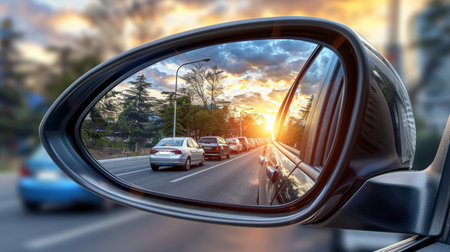 Traffic jam at dusk, cars with headlights queuing in rearview mirror during evening rush hourの素材