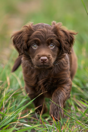 Cheerful young dog enthusiastically running and playing in the lush green grassy meadowの素材