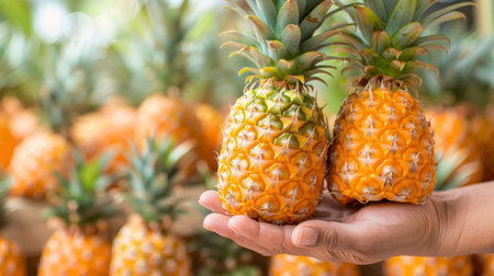 Hand holding pineapple slice with selection on blurred background, copy space availableの素材