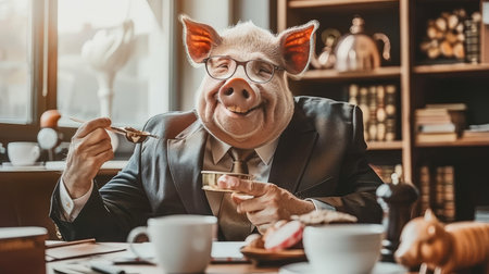 Pig in formal attire dining at desk in a business setting, animal in suit eating at tableの素材
