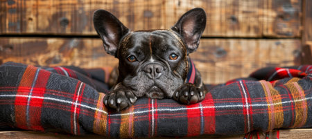 Stylish french bulldog puppy lounging in a cozy bed, the perfect fashionable companionの素材