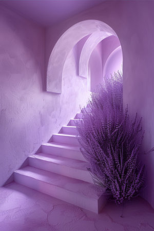 Twilight ambiance  lavender arch over empty product podium, set in whimsical duskの素材