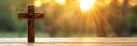 Resurrection symbol  empty tomb stone with cross on meadow under sunrise backdropの素材