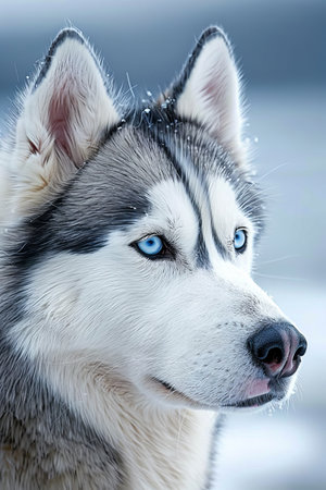 Majestic siberian husky puppy with striking blue eyes in snowy wilderness enjoying winter adventuresの素材