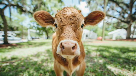 Energetic calves playfully frolic in a sun drenched pasture, creating a delightful rural imageの素材