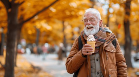 Cheerful senior man enjoying ice cream in park with blurred city background and text spaceの素材
