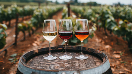 Variety of red, white, and rose wines on rustic wooden barrel in scenic vineyard settingの素材