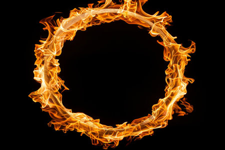 Fiery circular frame on black background  circle shape created from burning flamesの素材