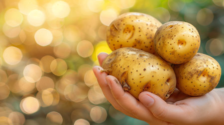 Golden potato held in hand, selection of potatoes on blurred background with copy spaceの素材