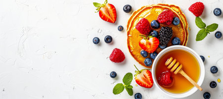 Homemade american pancakes with fresh berries, honey on white background, copy space includedの素材