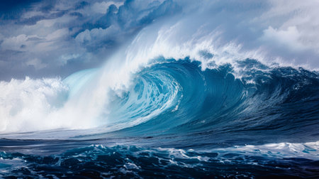Majestic colossal ocean wave with surfer against vibrant blue sky, breathtaking side viewの素材