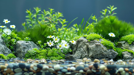 Tranquil spring forest with mossy rocks and wildflowers  nature background with copy spaceの素材