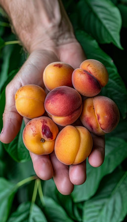 Hand holding ripe apricot on blurred background, creating ideal space for text additionsの素材