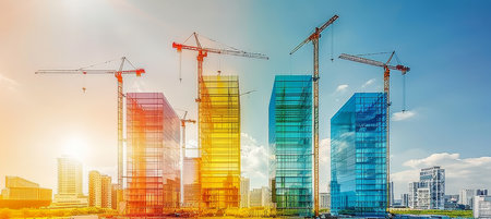 Vibrant hoarding at construction site with high rise building outline in backgroundの素材