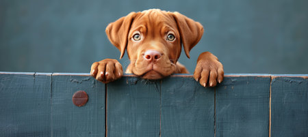 Curious puppy peeking over blue wooden background, cute dog on blurred backdrop with space for text.の素材